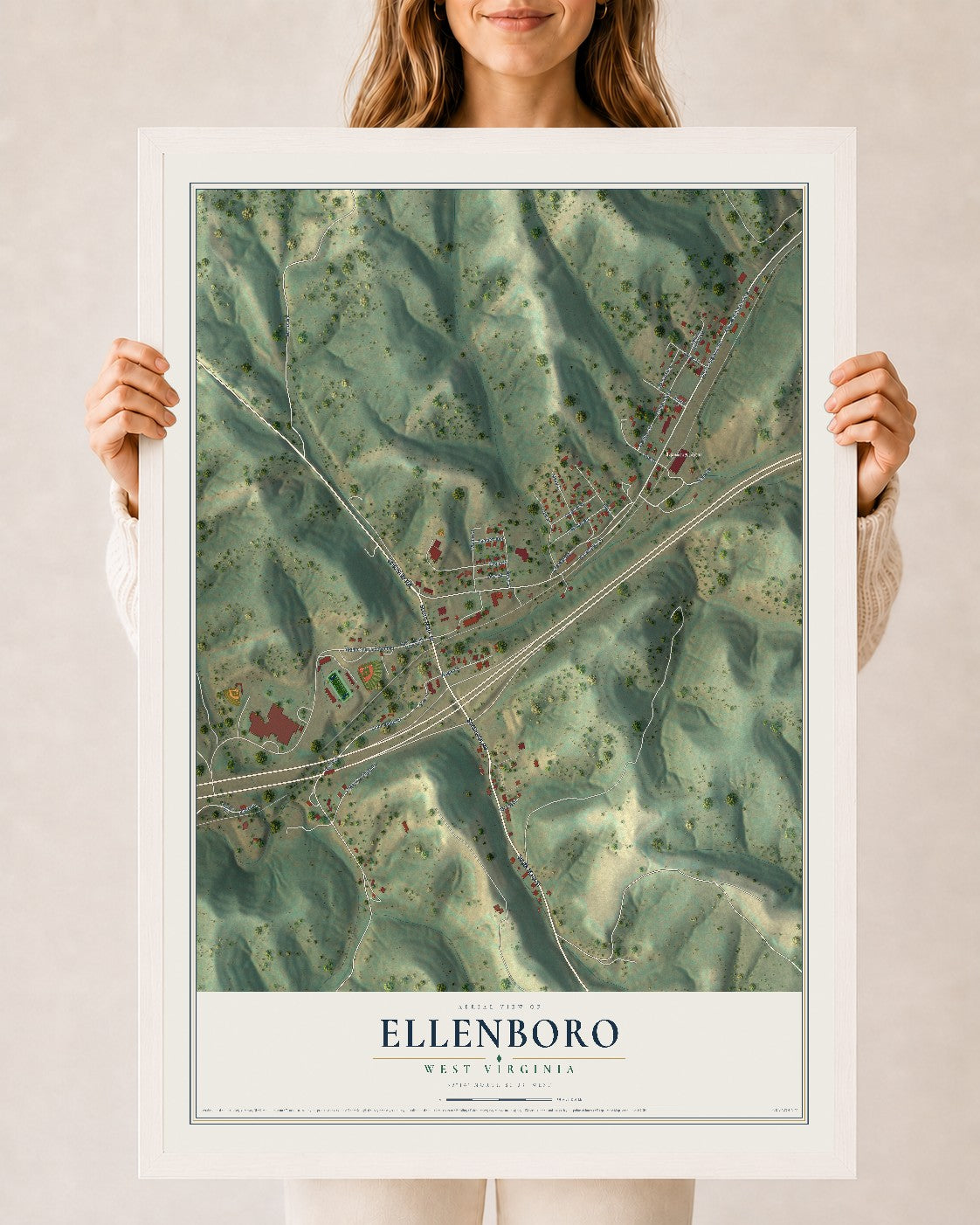 Map of Ellenboro, West Virginia, 24 x 36 inch print in a white wood frame
