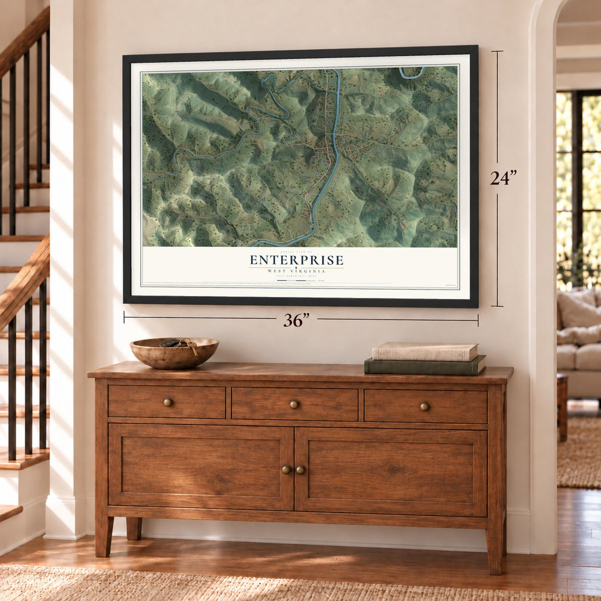 Enterprise, West Virginia map, 24 x 36 inch print in a black frame above a dresser by a staircase
