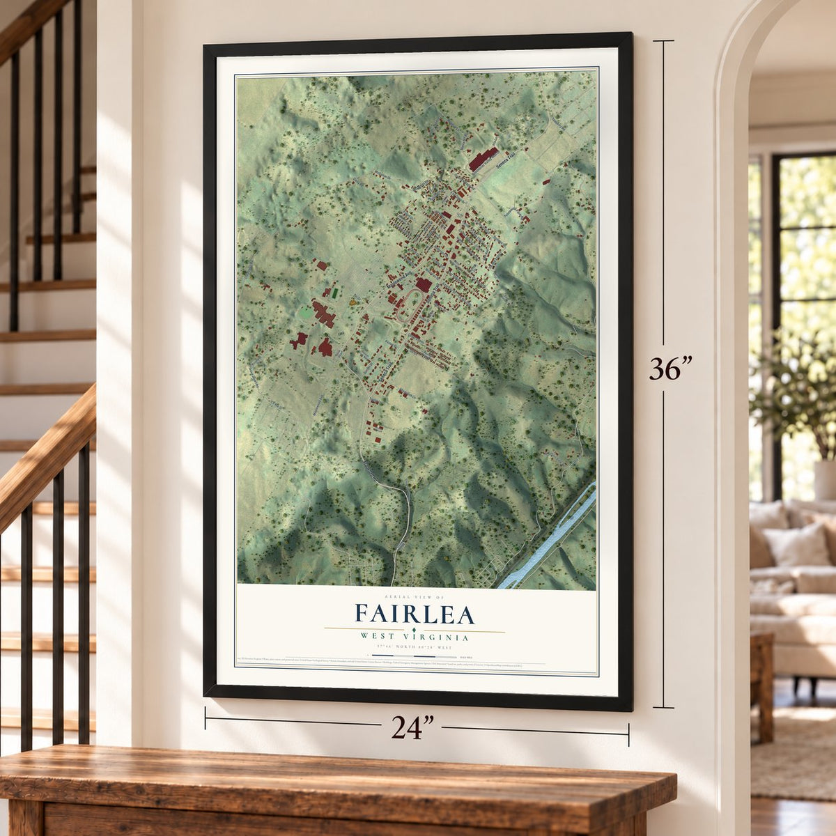 Fairlea, West Virginia map, 24 x 36 inch print in a black frame by a staircase