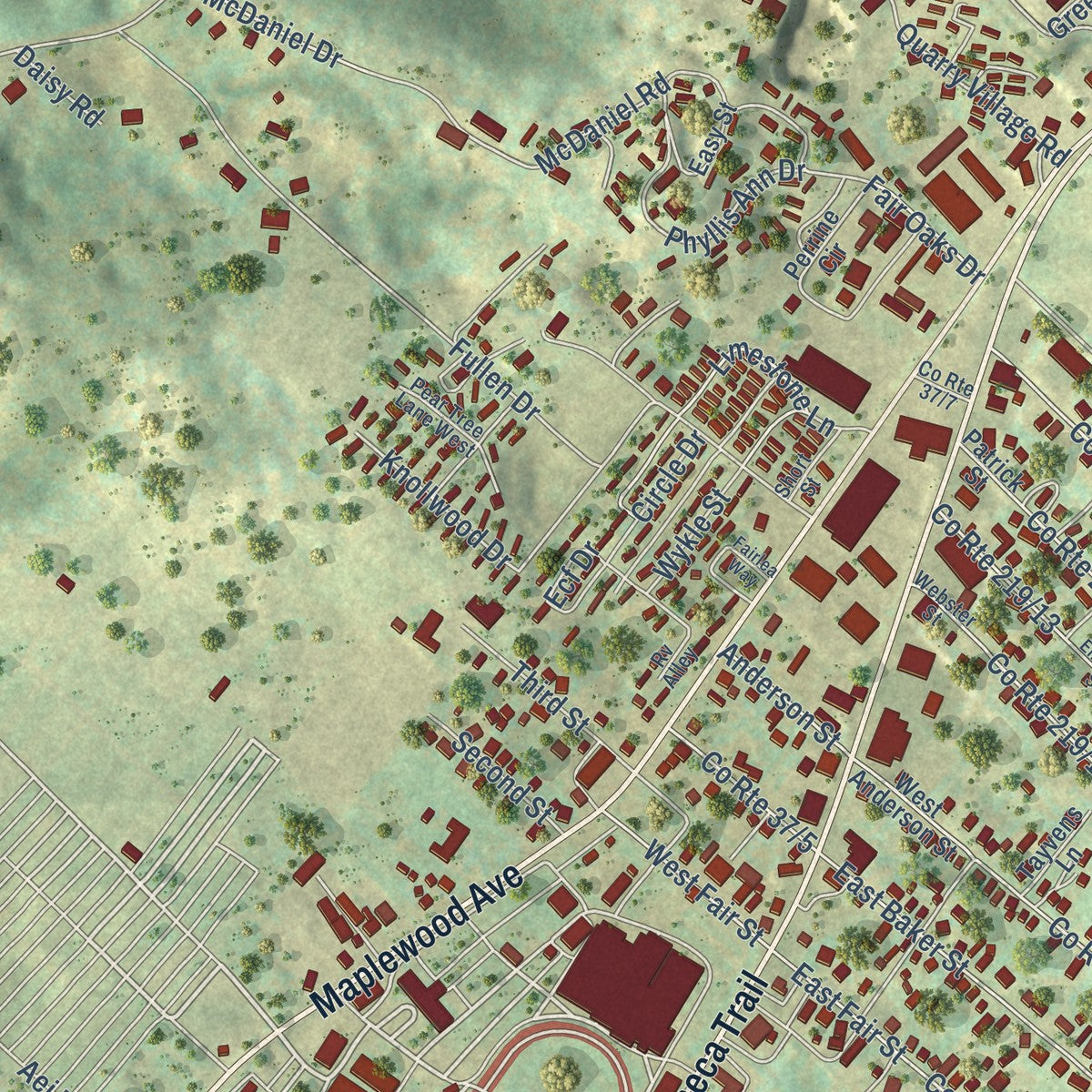 Close-up of the map of Fairlea, West Virginia print showing street and building detail