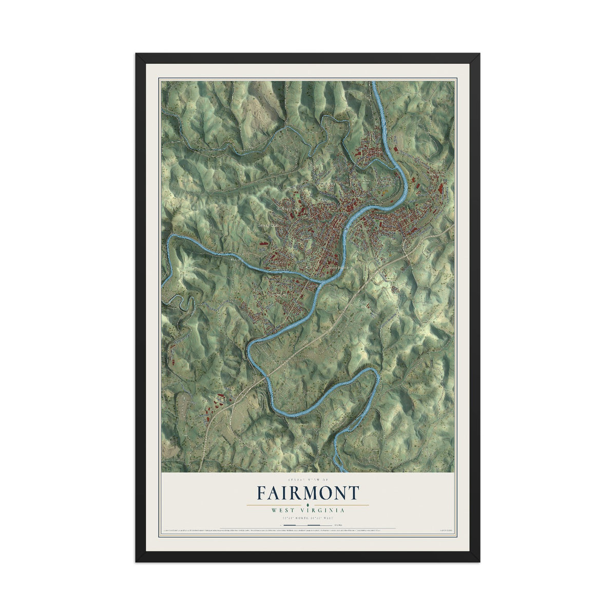 Map of Fairmont, West Virginia, 12 x 18 inch print in a black wood frame