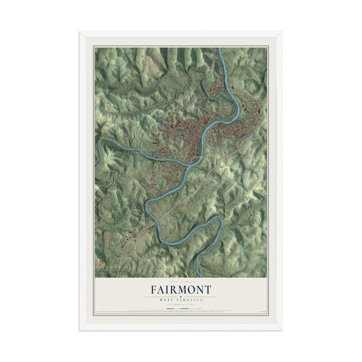 Map of Fairmont, West Virginia, 12 x 18 inch print in a white wood frame