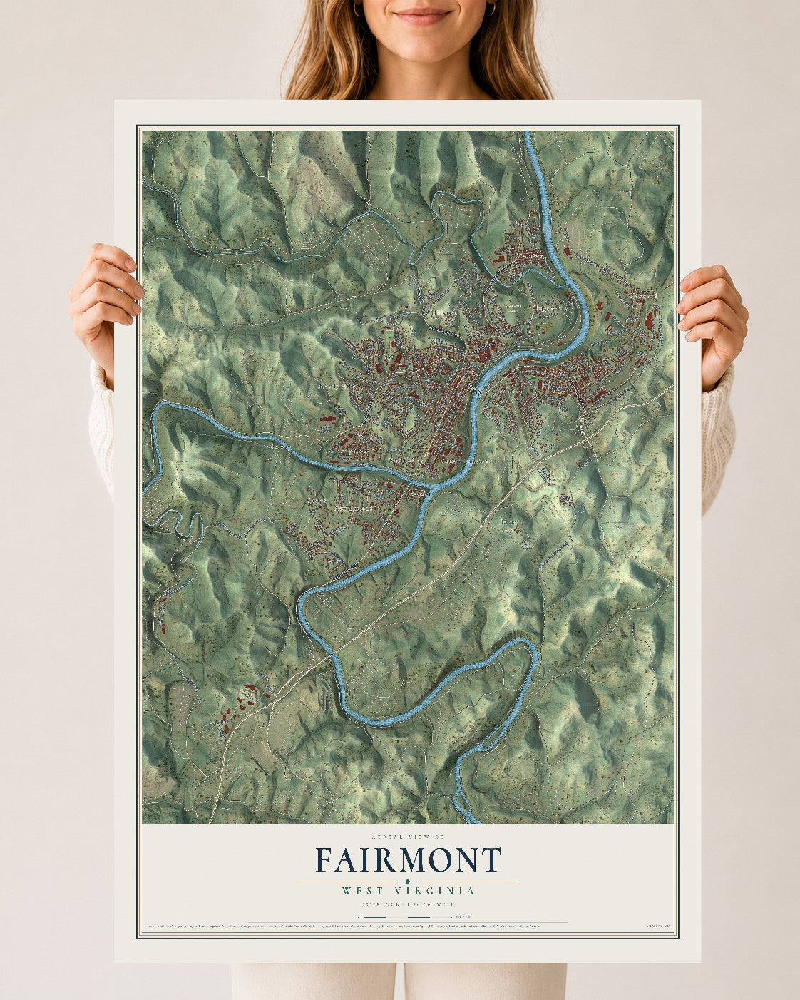 Map of Fairmont, West Virginia, 24 x 36 inch unframed archival matte print