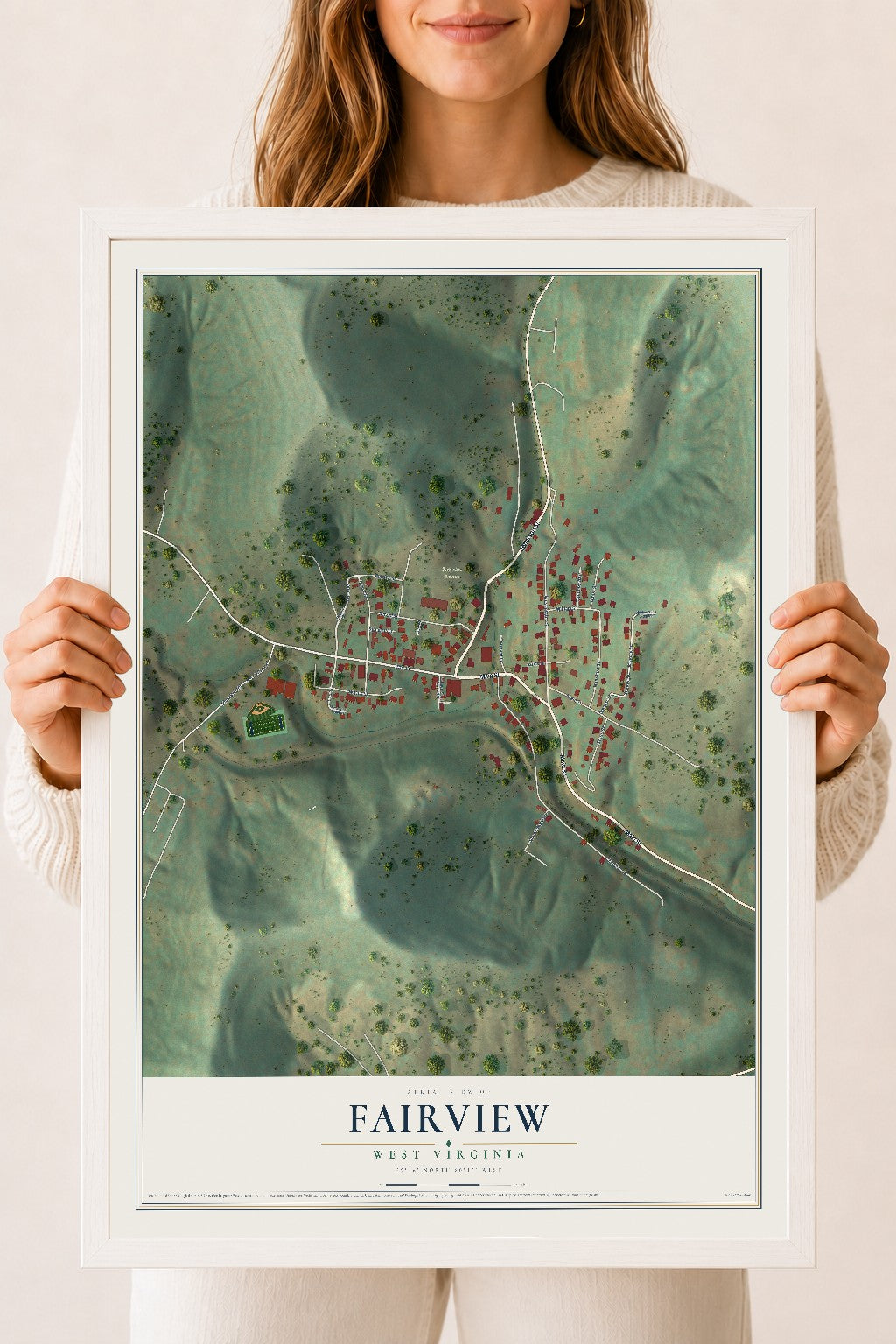 Map of Fairview, West Virginia, 18 x 24 inch print in a white wood frame