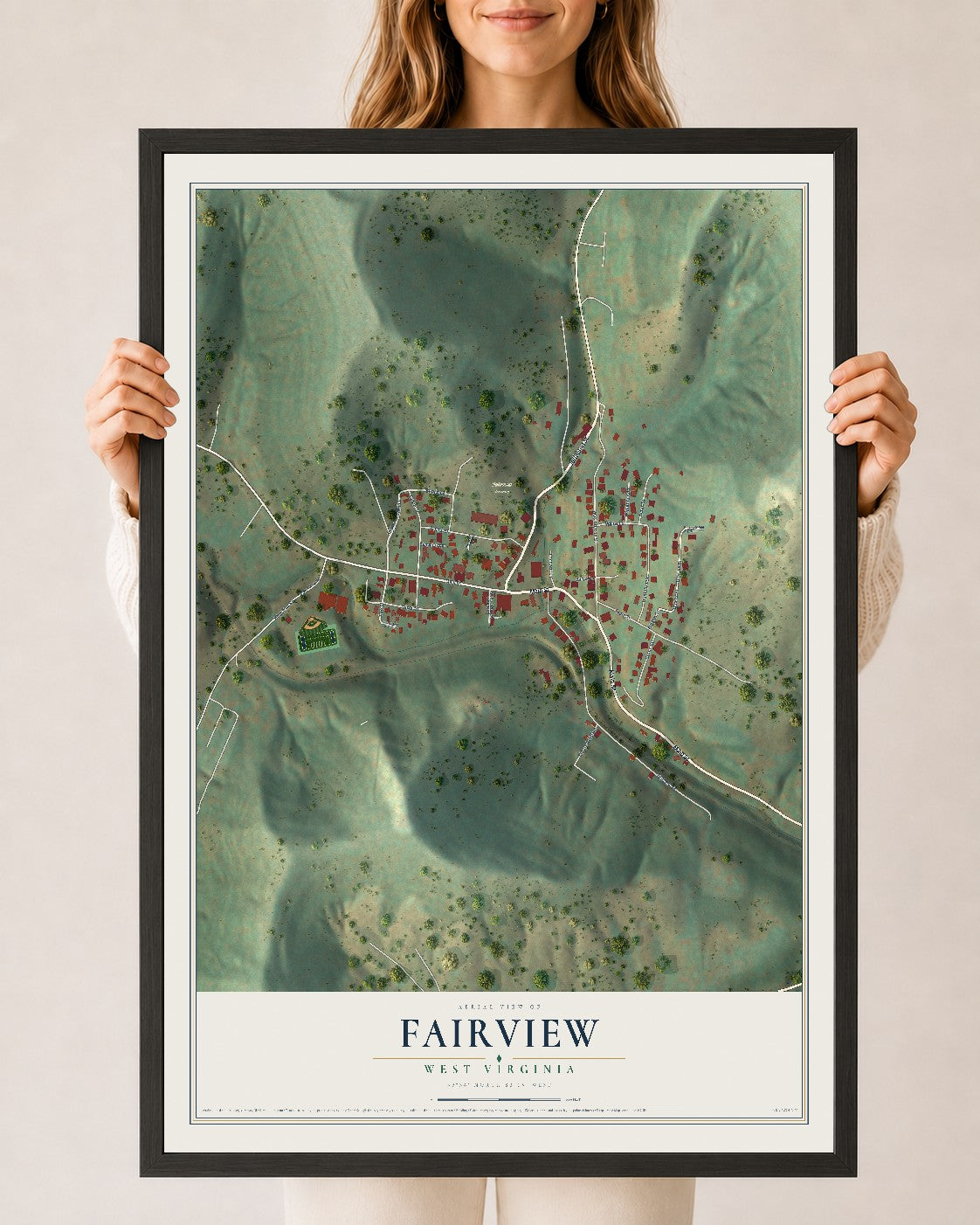 Map of Fairview, West Virginia, 24 x 36 inch print in a black wood frame