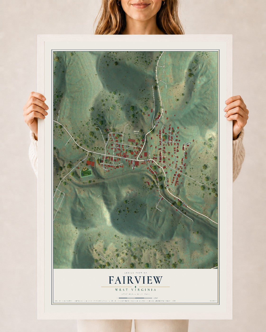 Map of Fairview, West Virginia, 24 x 36 inch print in a white wood frame
