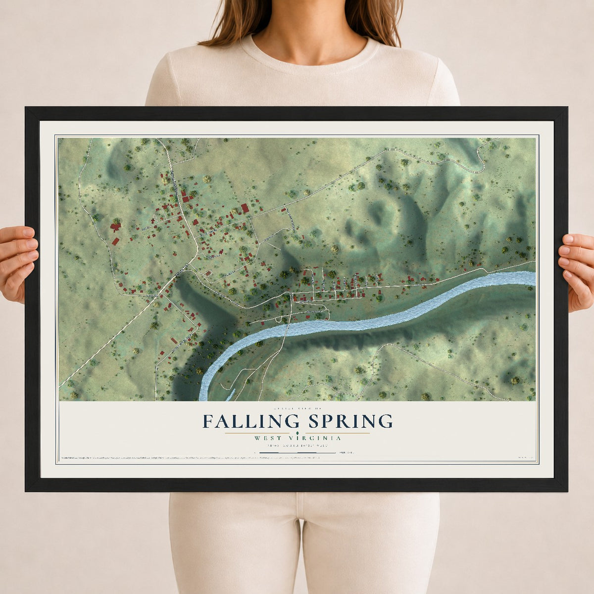 Map of Falling Spring, West Virginia, 18 x 24 inch print in a black wood frame