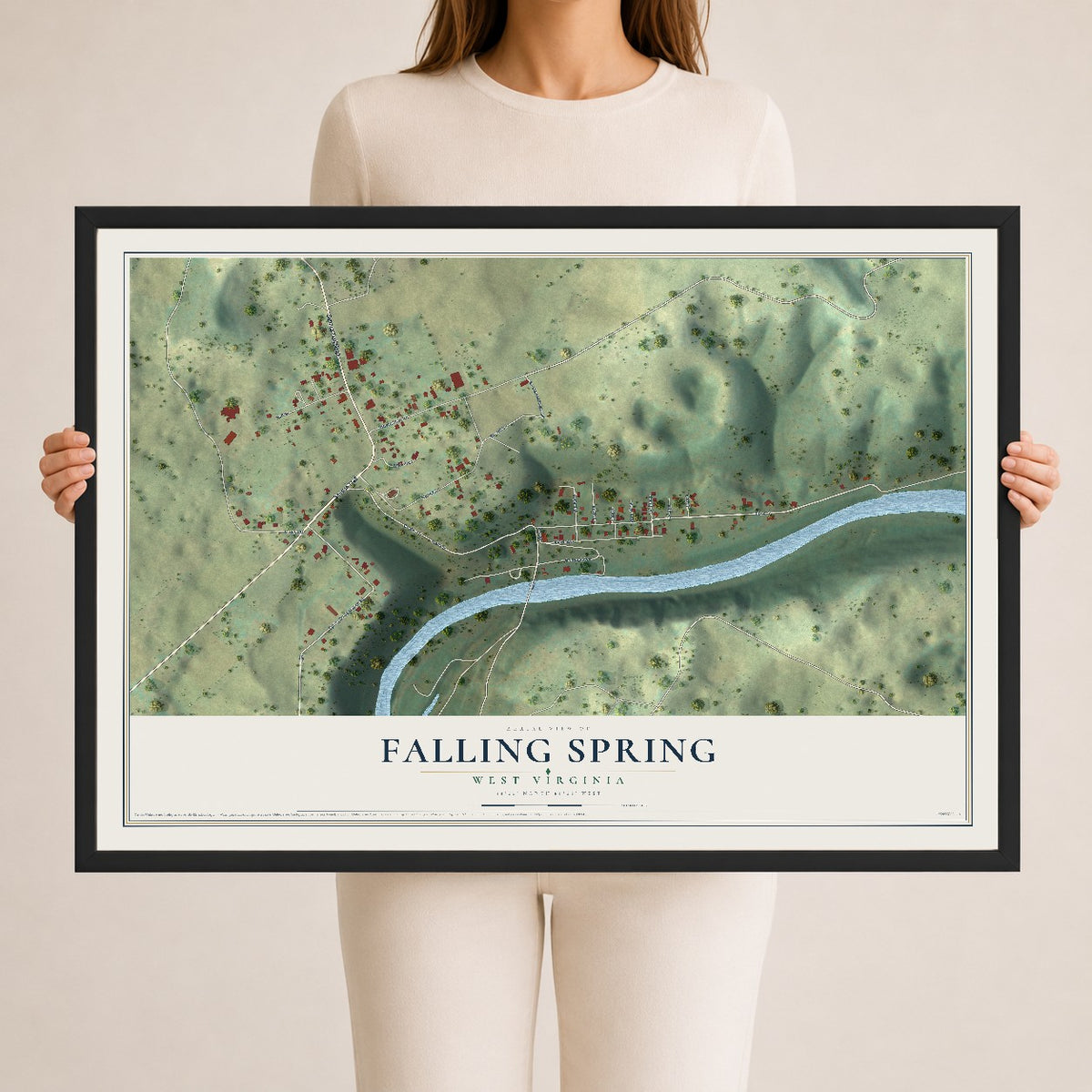 Map of Falling Spring, West Virginia, 24 x 36 inch print in a black wood frame