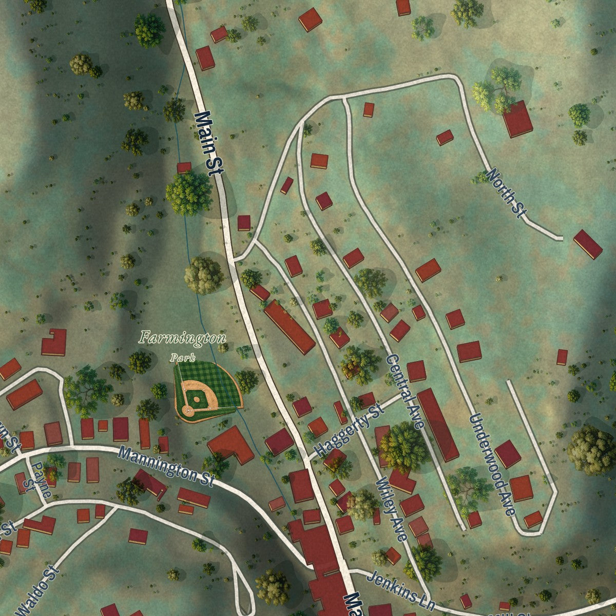 Close-up of the map of Farmington, West Virginia print showing street and building detail