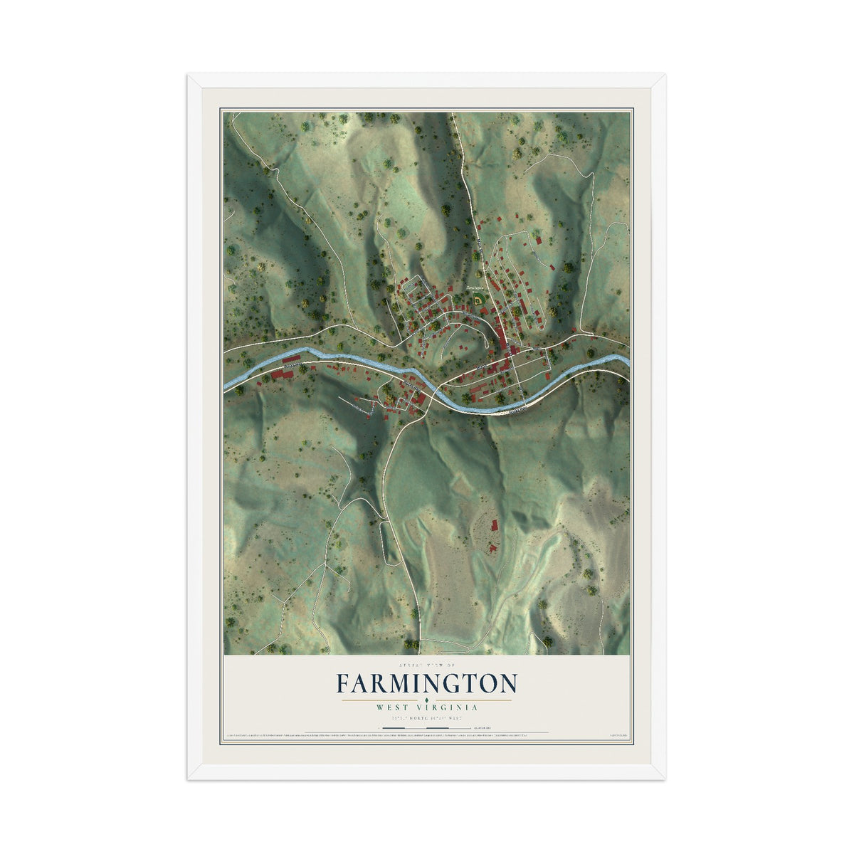 Map of Farmington, West Virginia, 12 x 18 inch print in a white wood frame