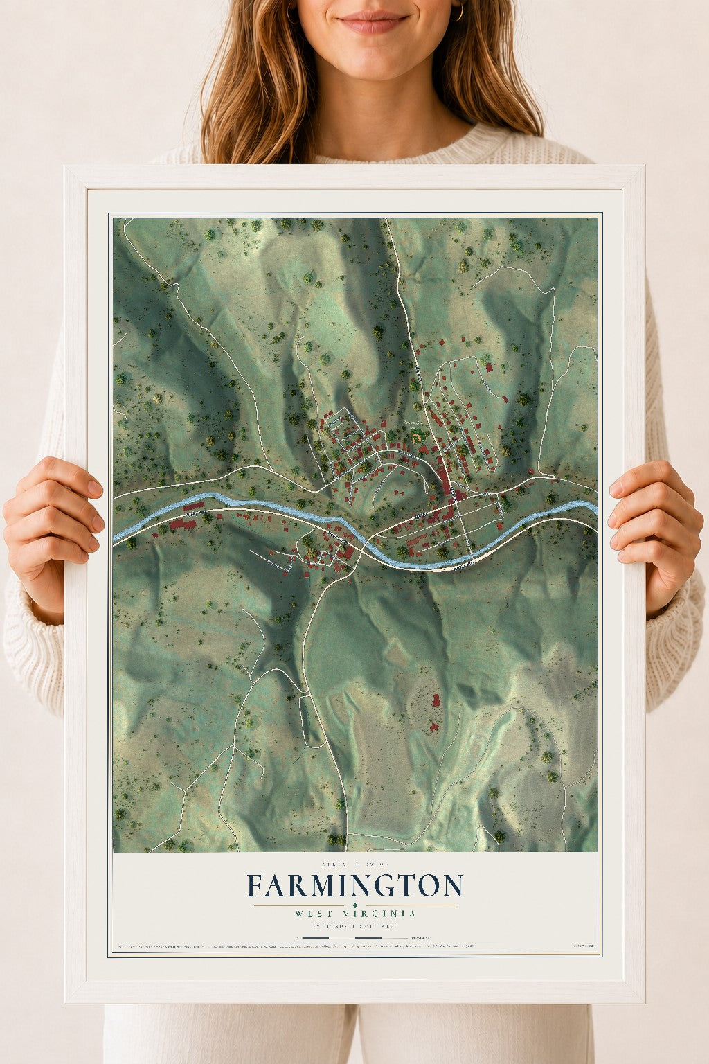 Map of Farmington, West Virginia, 18 x 24 inch print in a white wood frame