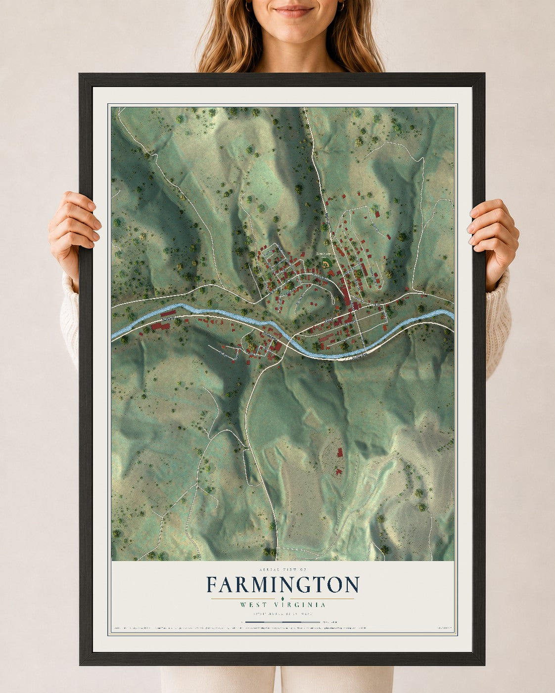 Map of Farmington, West Virginia, 24 x 36 inch print in a black wood frame