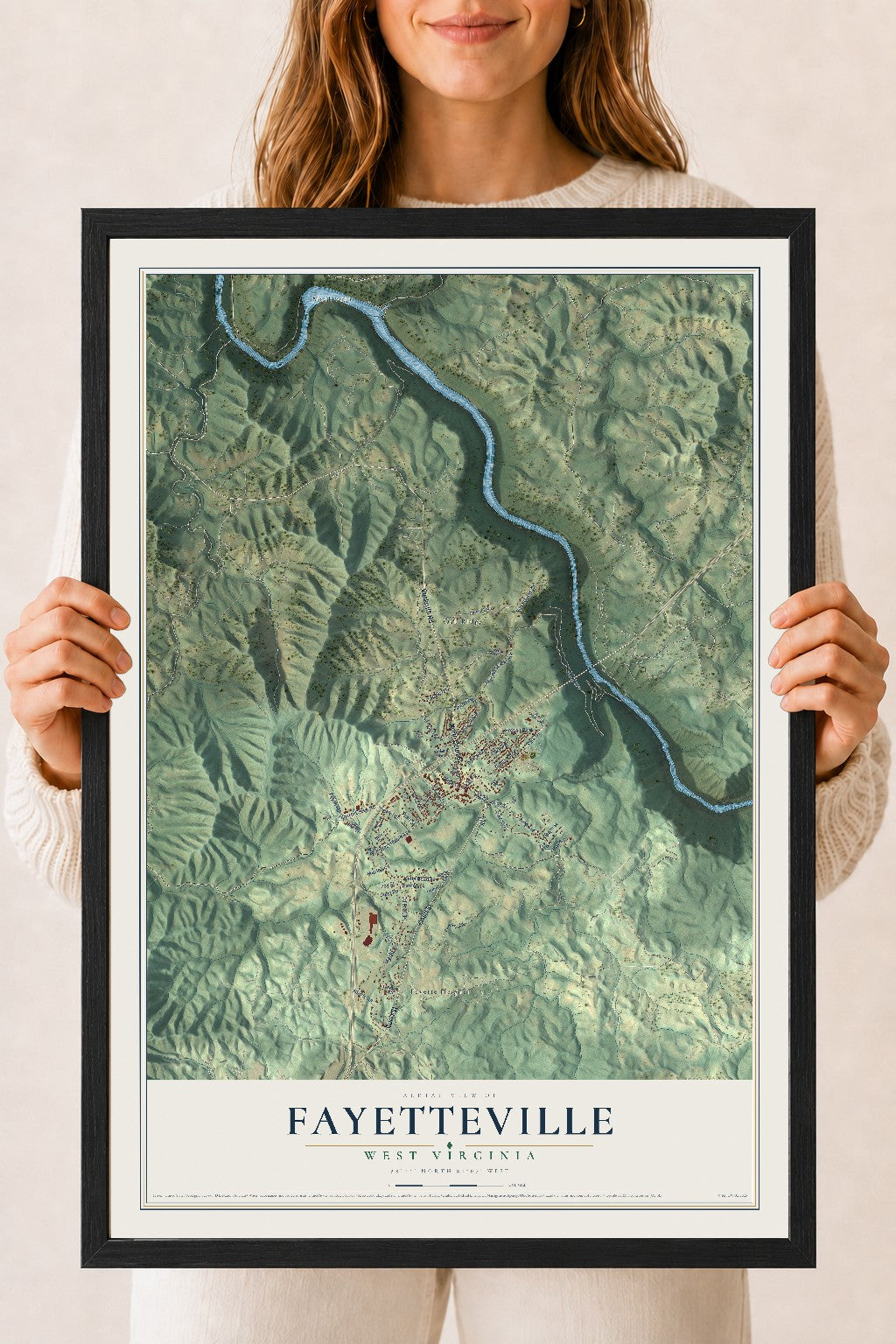 Map of Fayetteville, West Virginia, 18 x 24 inch print in a black wood frame