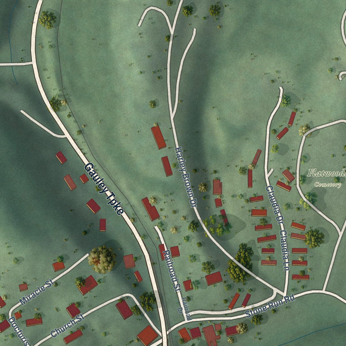 Second close-up of the map of Flatwoods, West Virginia print showing more streets and buildings