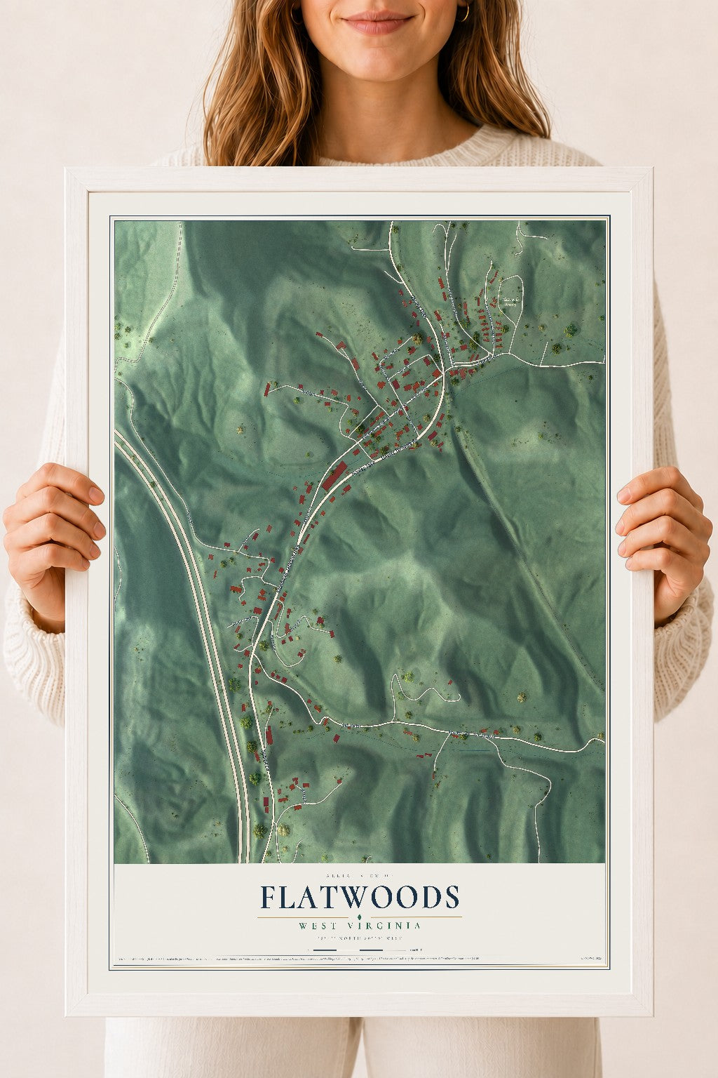 Map of Flatwoods, West Virginia, 18 x 24 inch print in a white wood frame