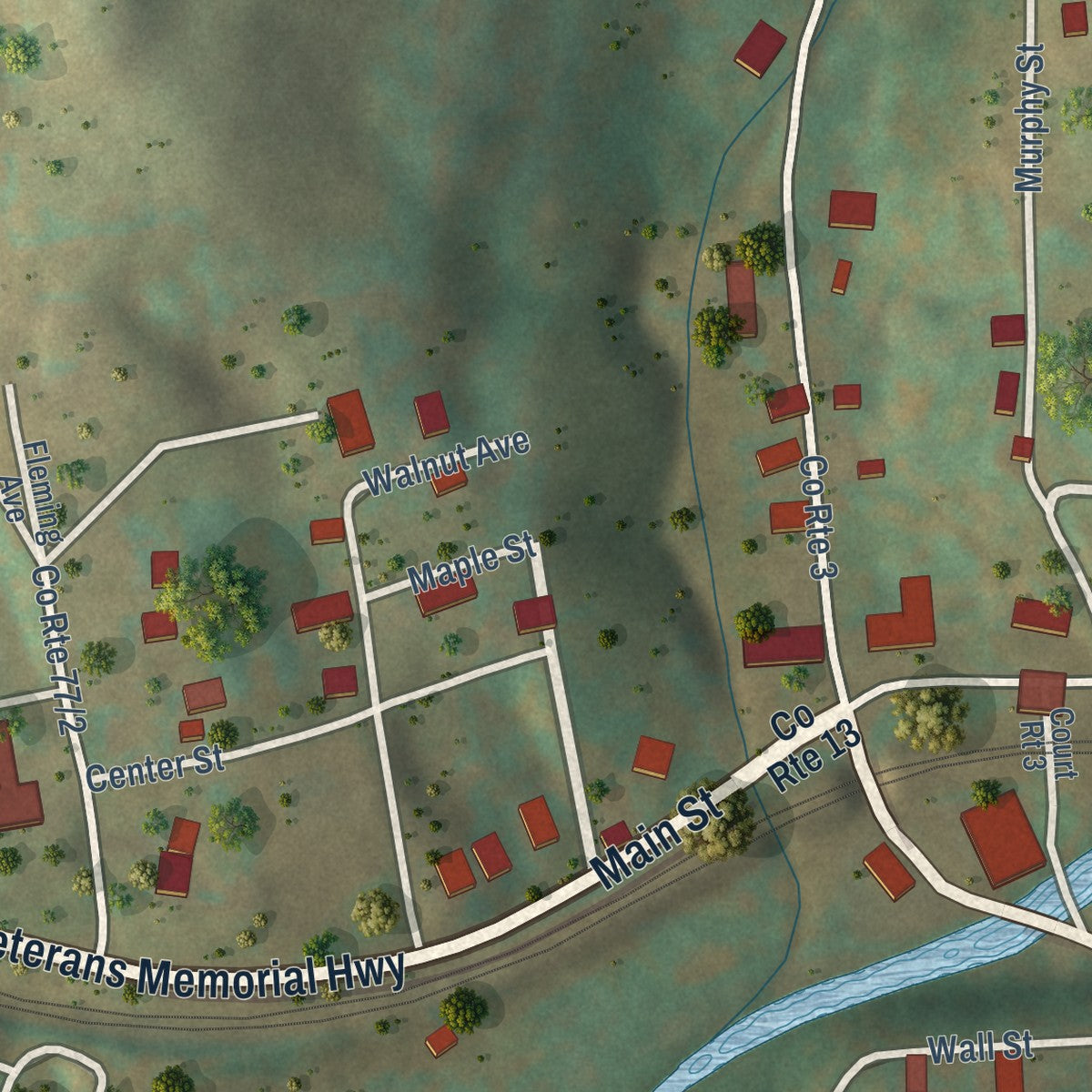 Second close-up of the map of Flemington, West Virginia print showing more streets and buildings