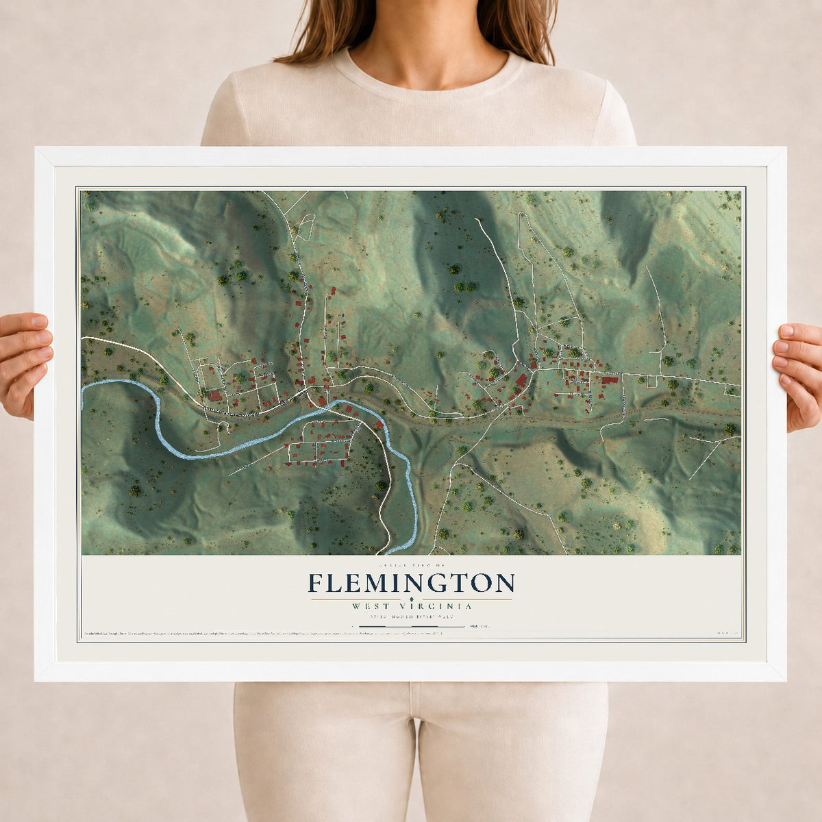 Map of Flemington, West Virginia, 18 x 24 inch print in a white wood frame