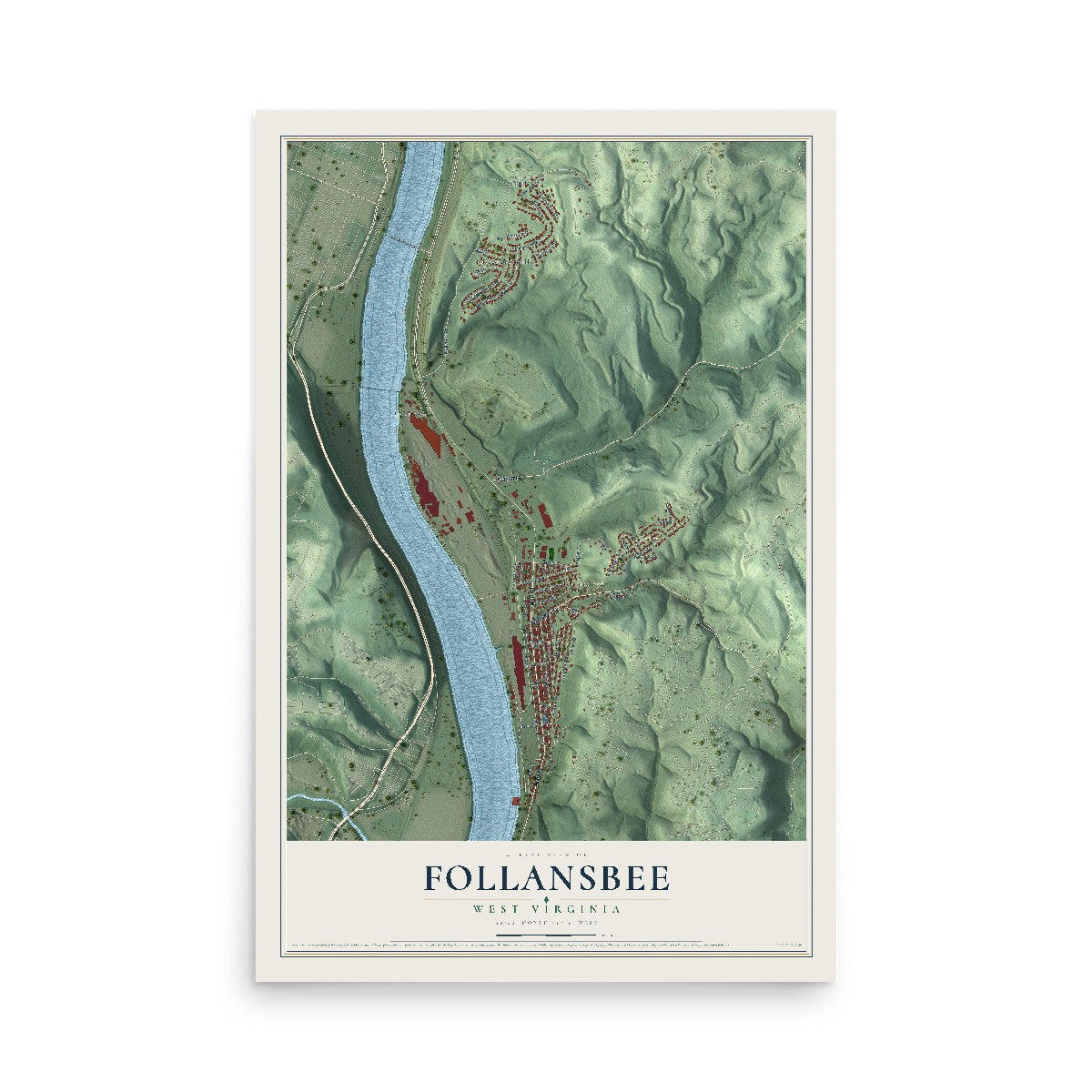Map of Follansbee, West Virginia, 12 x 18 inch unframed archival matte print