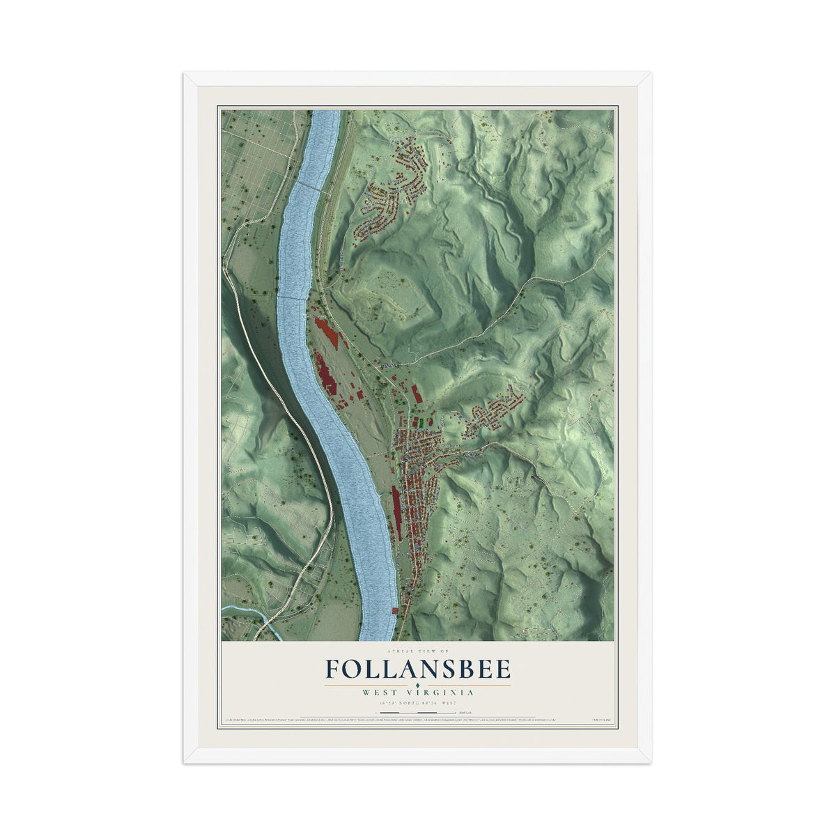 Map of Follansbee, West Virginia, 12 x 18 inch print in a white wood frame