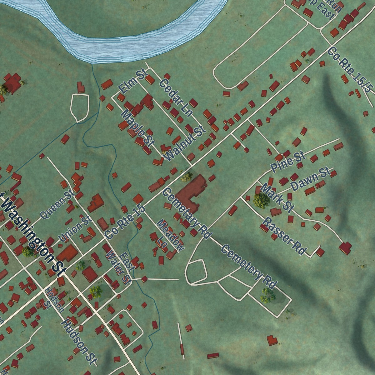 Close-up of the map of Fort Ashby, West Virginia print showing street and building detail