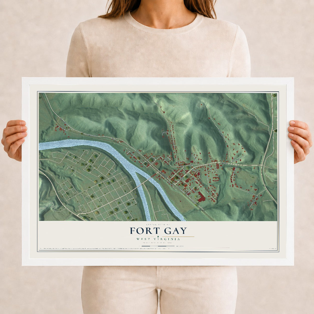 Map of Fort Gay, West Virginia, 12 x 18 inch print in a white wood frame
