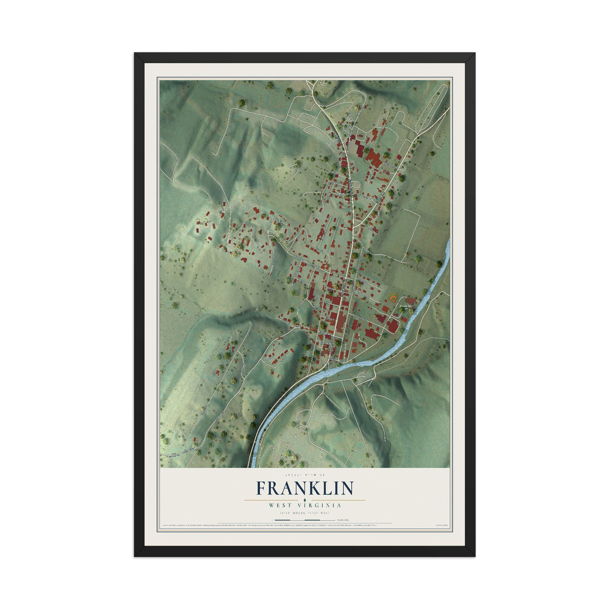 Map of Franklin, West Virginia, 12 x 18 inch print in a black wood frame