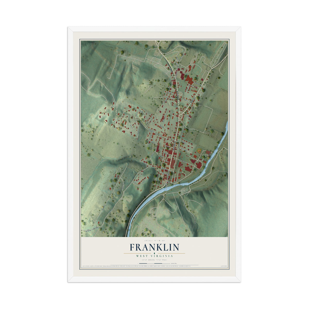 Map of Franklin, West Virginia, 12 x 18 inch print in a white wood frame