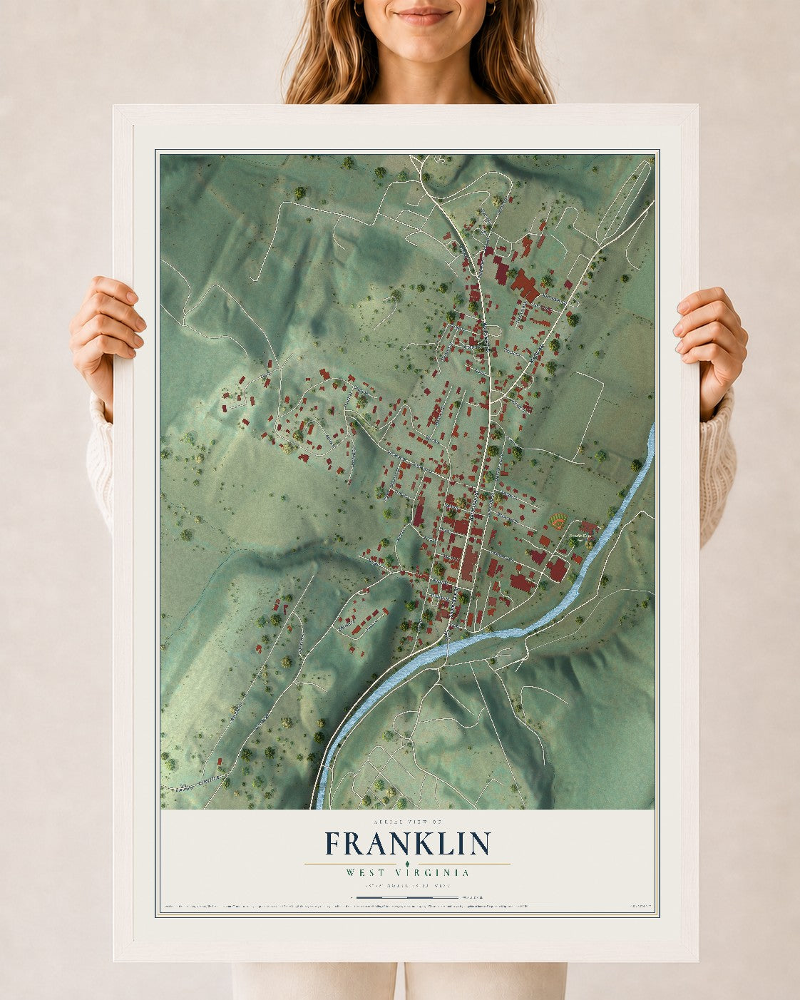 Map of Franklin, West Virginia, 24 x 36 inch print in a white wood frame