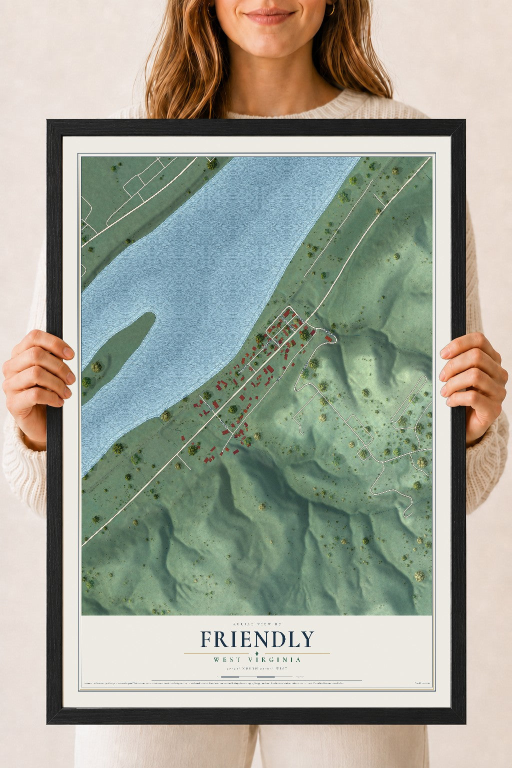 Map of Friendly, West Virginia, 18 x 24 inch print in a black wood frame