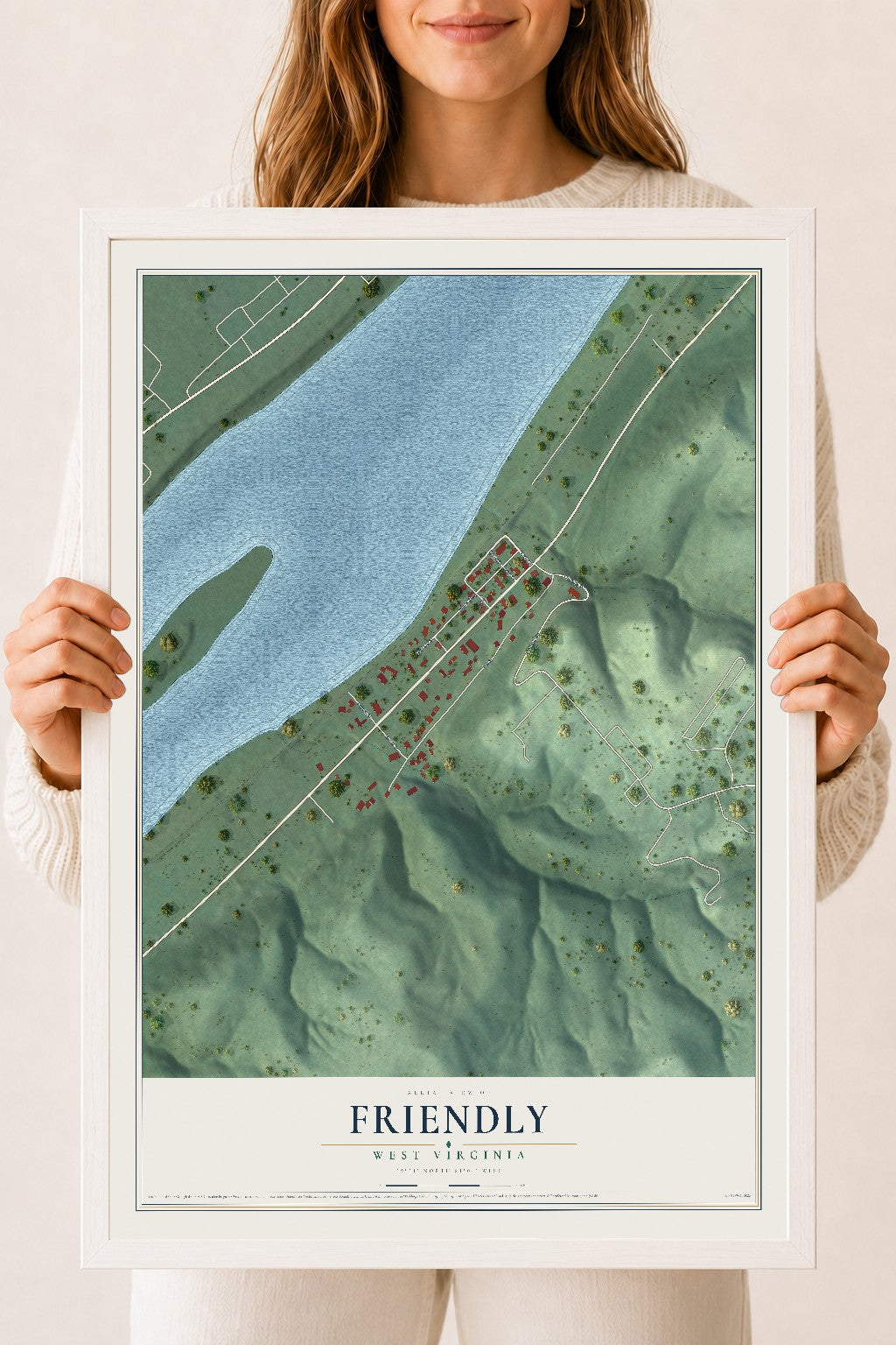 Map of Friendly, West Virginia, 18 x 24 inch print in a white wood frame