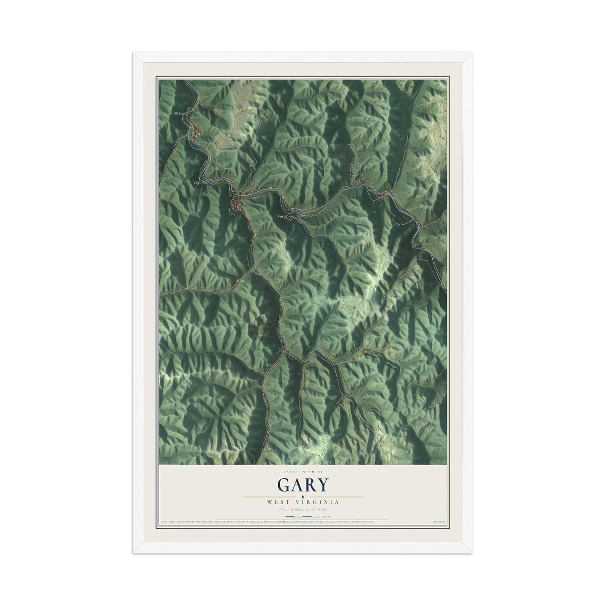 Map of Gary, West Virginia, 12 x 18 inch print in a white wood frame