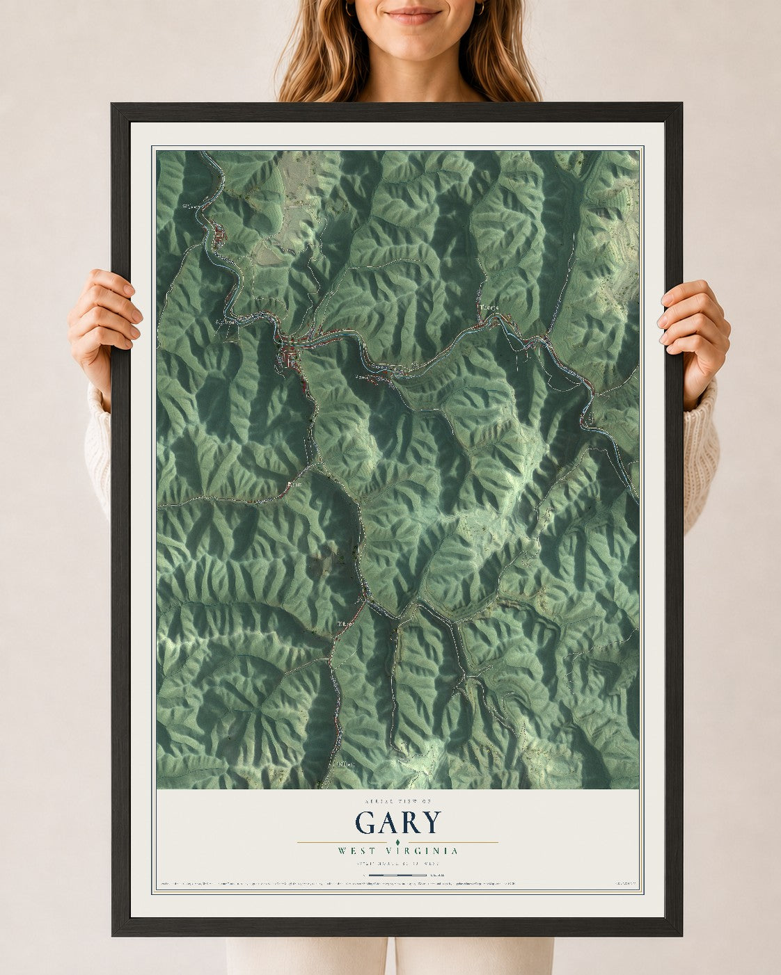 Map of Gary, West Virginia, 24 x 36 inch print in a black wood frame