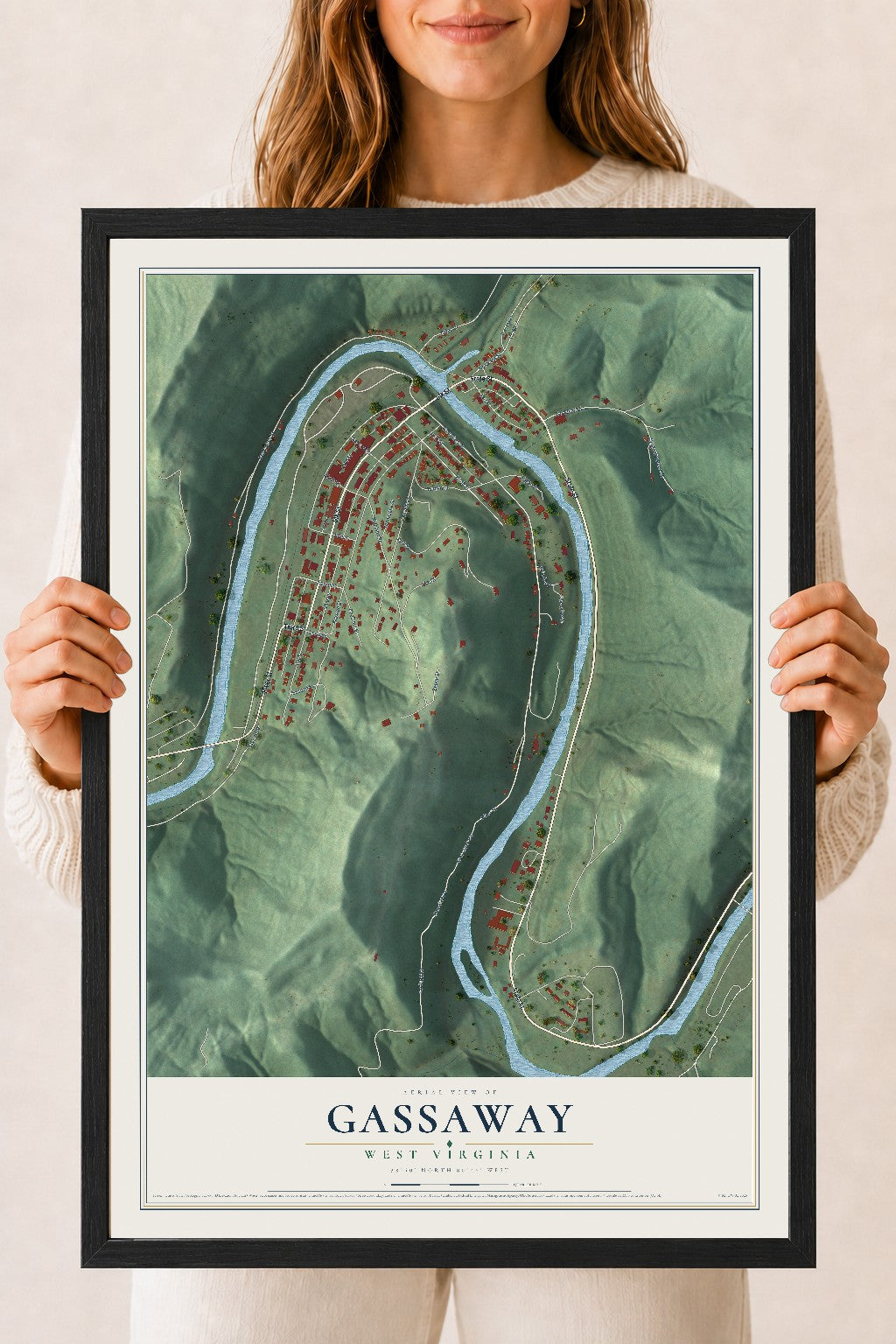 Map of Gassaway, West Virginia, 18 x 24 inch print in a black wood frame