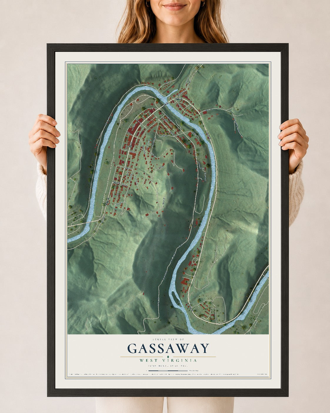Map of Gassaway, West Virginia, 24 x 36 inch print in a black wood frame