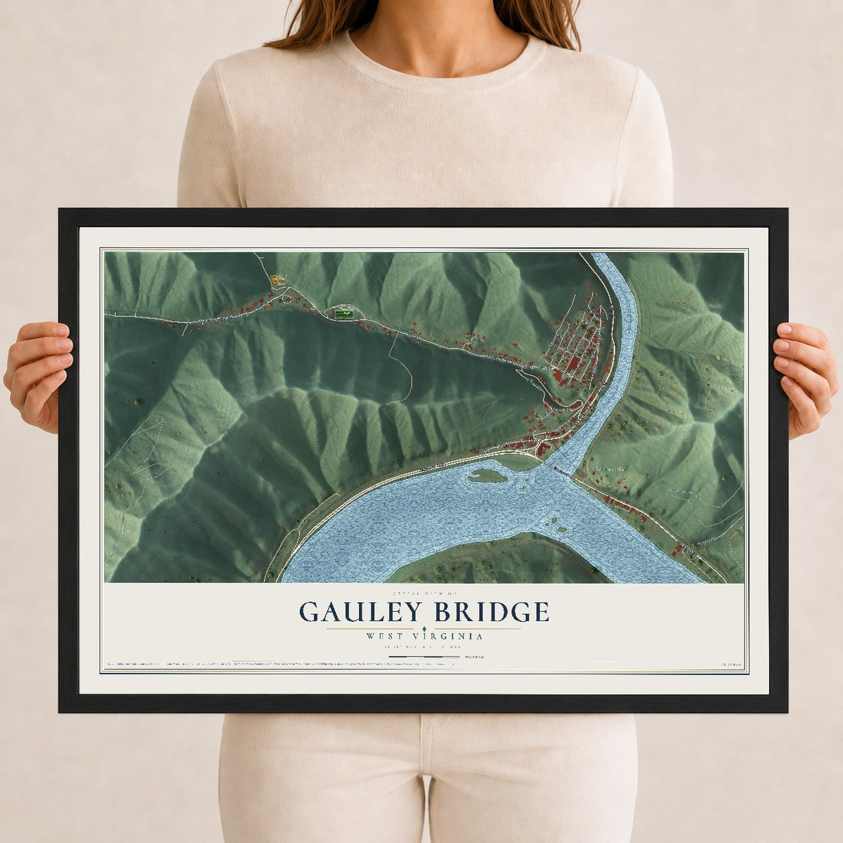 Map of Gauley Bridge, West Virginia, 12 x 18 inch print in a black wood frame