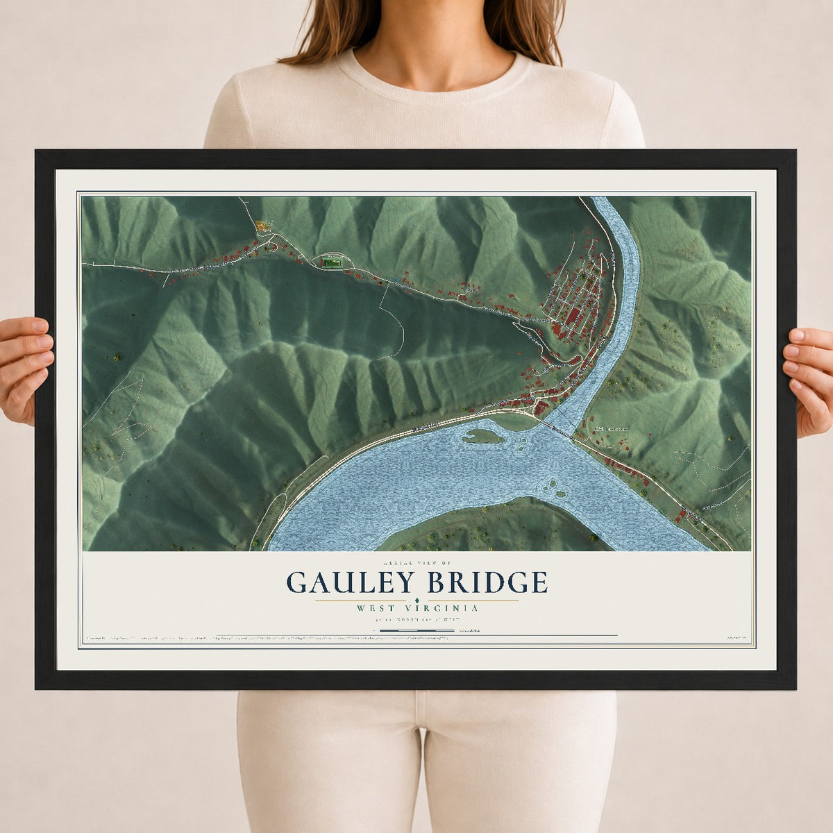 Map of Gauley Bridge, West Virginia, 18 x 24 inch print in a black wood frame