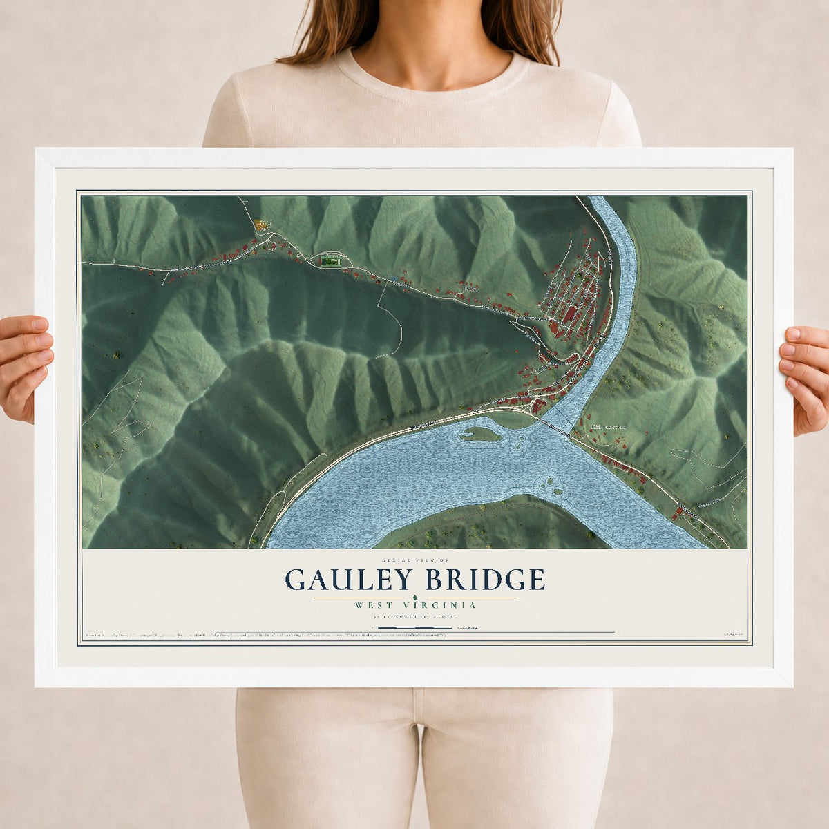Map of Gauley Bridge, West Virginia, 18 x 24 inch print in a white wood frame