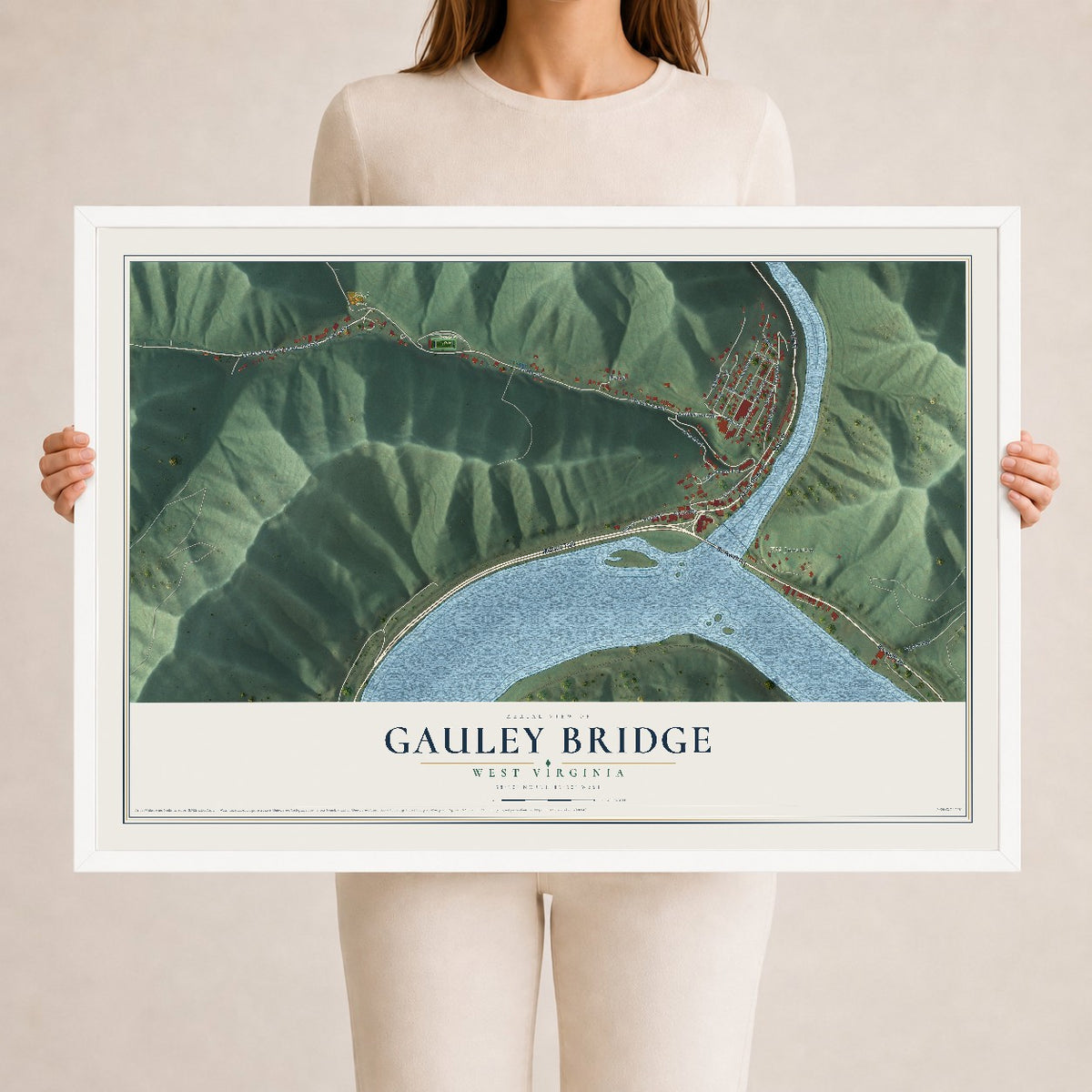 Map of Gauley Bridge, West Virginia, 24 x 36 inch print in a white wood frame