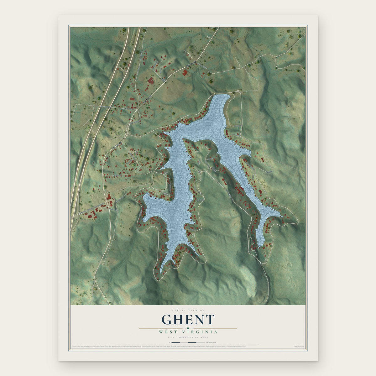 Ghent, West Virginia map print, the full design