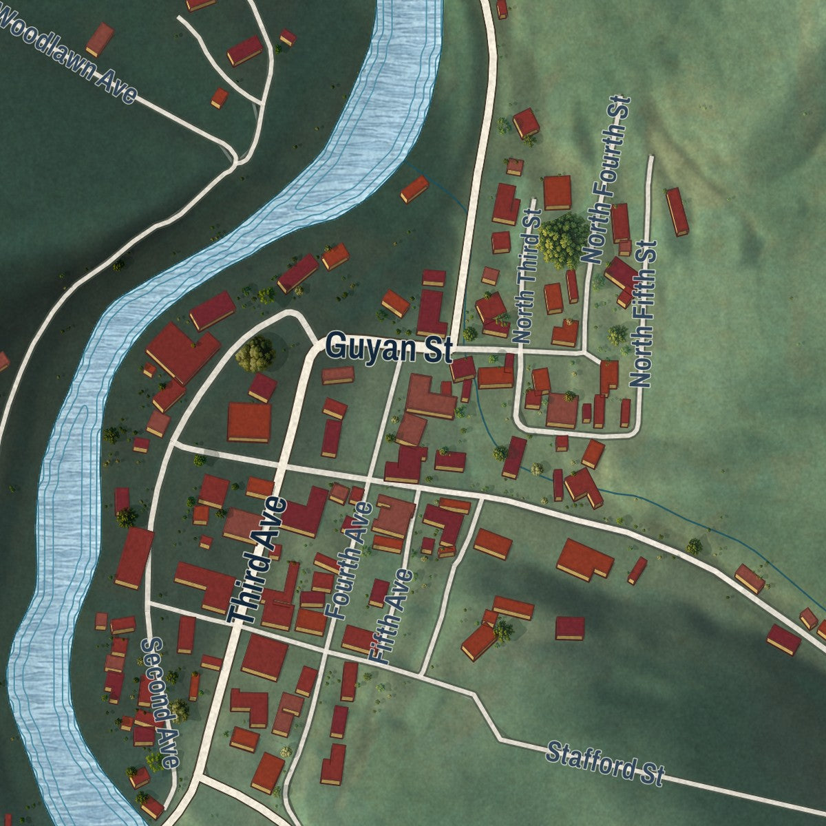 Close-up of the map of Gilbert, West Virginia print showing street and building detail