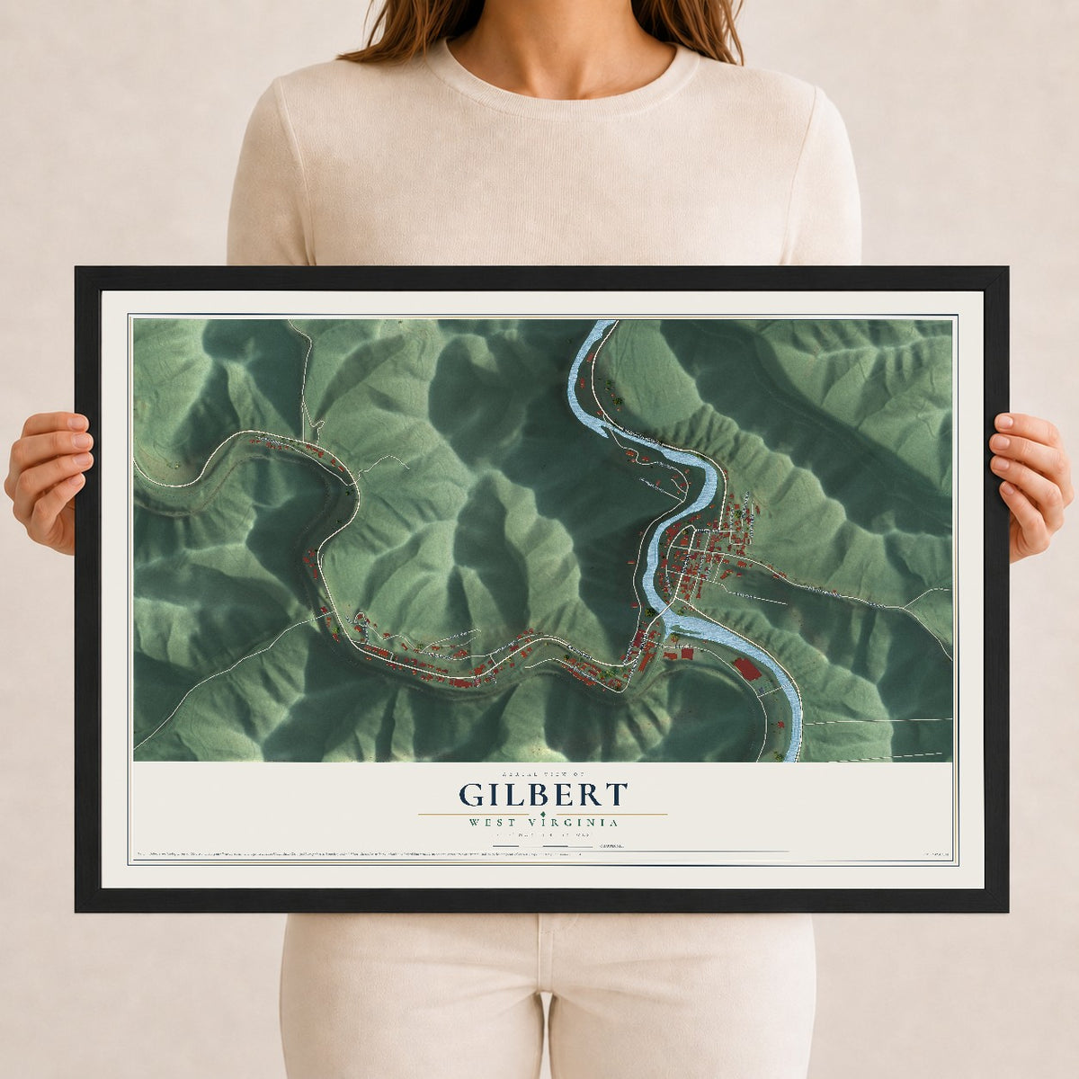 Map of Gilbert, West Virginia, 12 x 18 inch print in a black wood frame