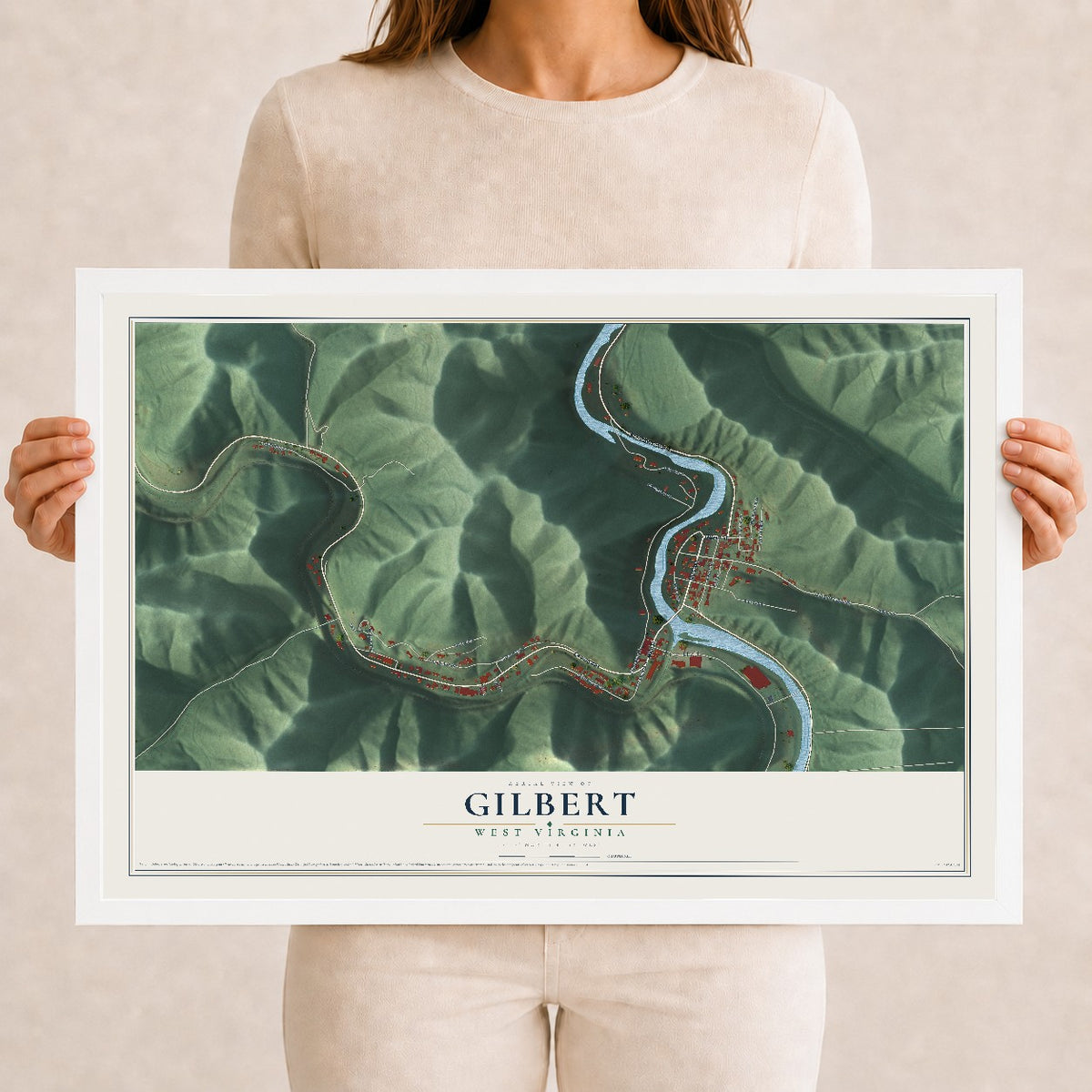 Map of Gilbert, West Virginia, 12 x 18 inch print in a white wood frame