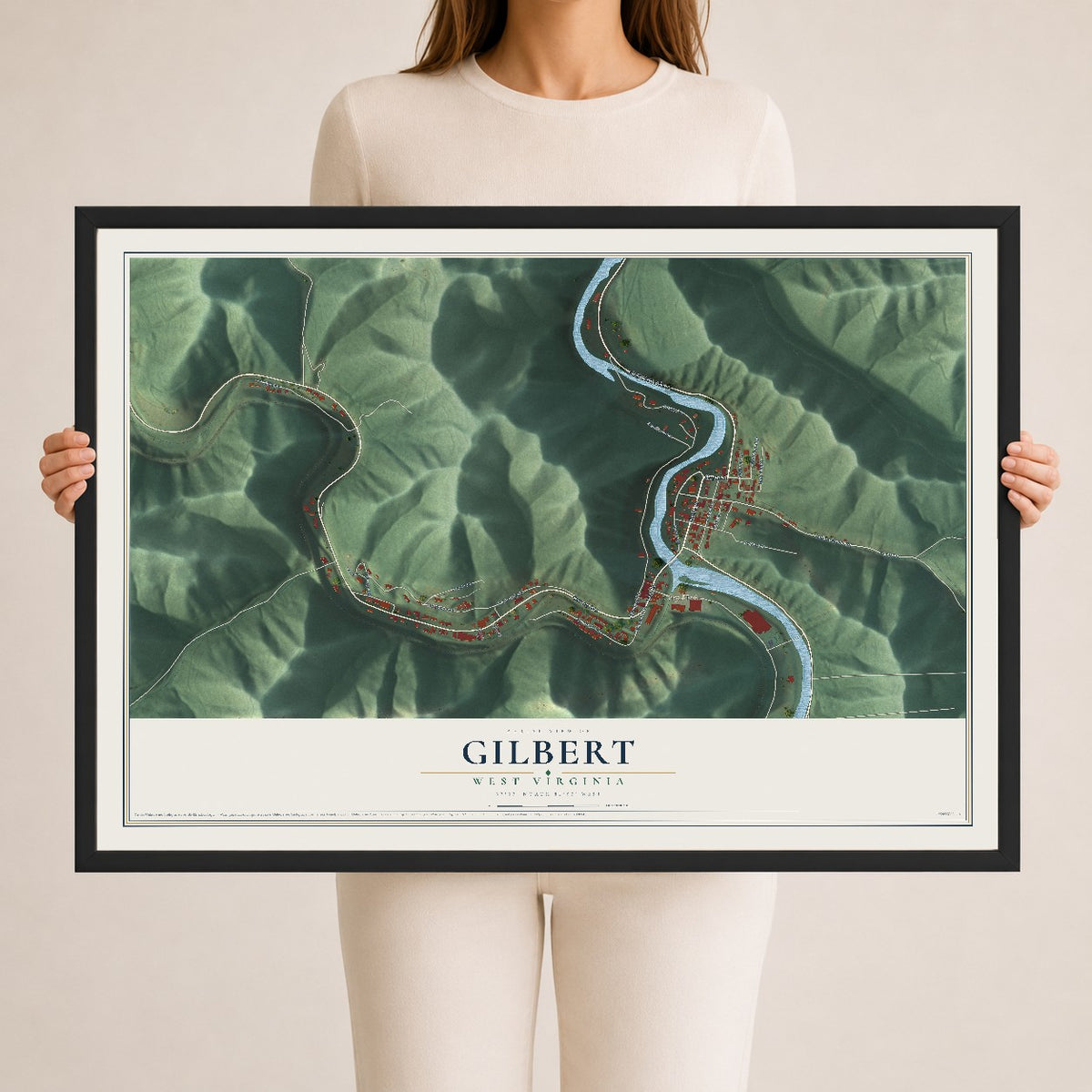 Map of Gilbert, West Virginia, 24 x 36 inch print in a black wood frame