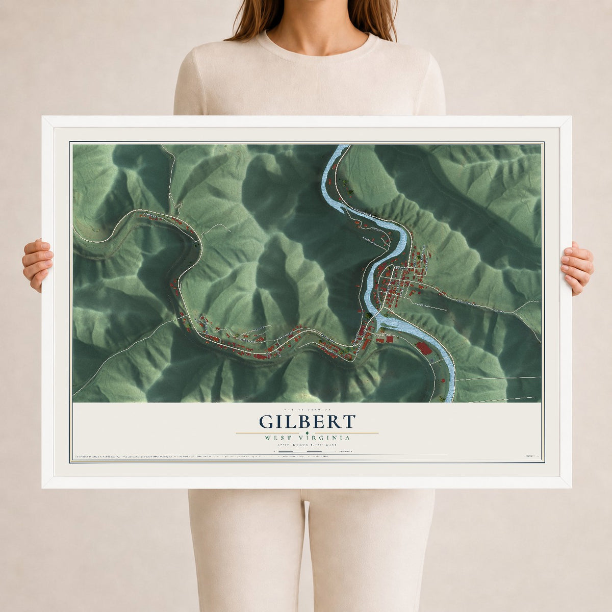 Map of Gilbert, West Virginia, 24 x 36 inch print in a white wood frame