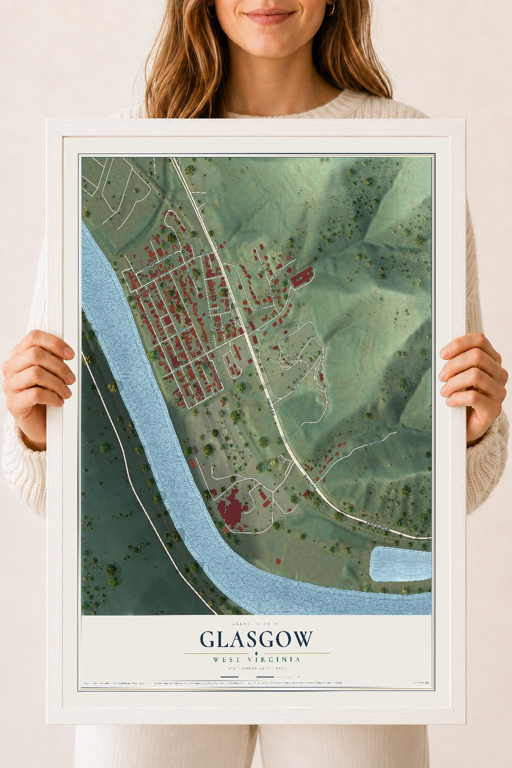 Map of Glasgow, West Virginia, 18 x 24 inch print in a white wood frame
