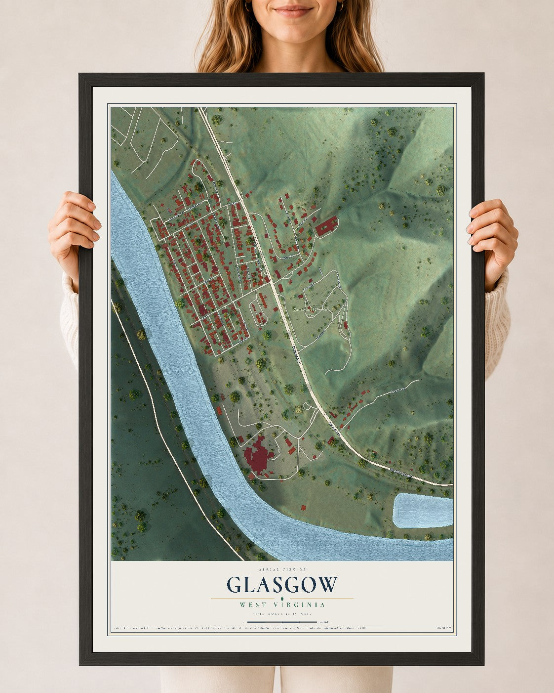 Map of Glasgow, West Virginia, 24 x 36 inch print in a black wood frame