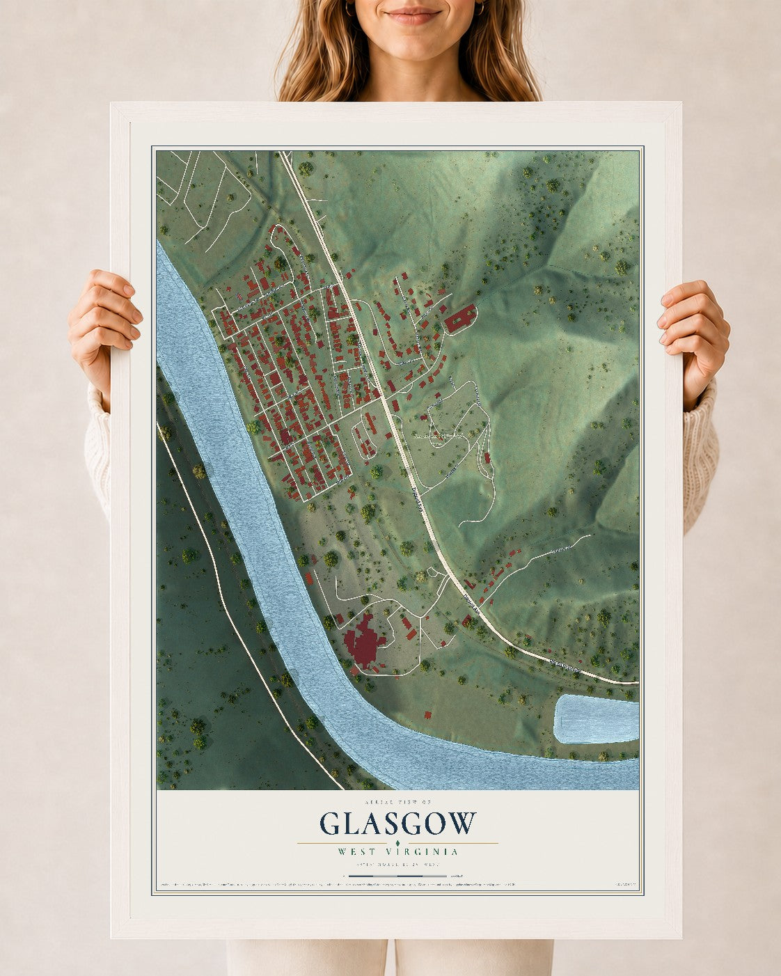 Map of Glasgow, West Virginia, 24 x 36 inch print in a white wood frame