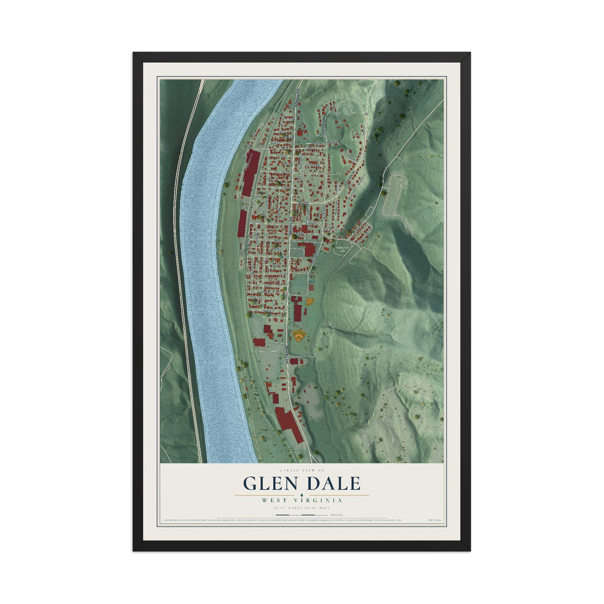 Map of Glen Dale, West Virginia, 12 x 18 inch print in a black wood frame