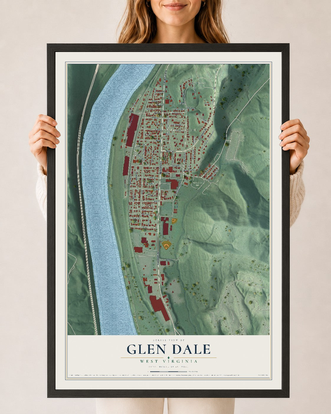 Map of Glen Dale, West Virginia, 24 x 36 inch print in a black wood frame