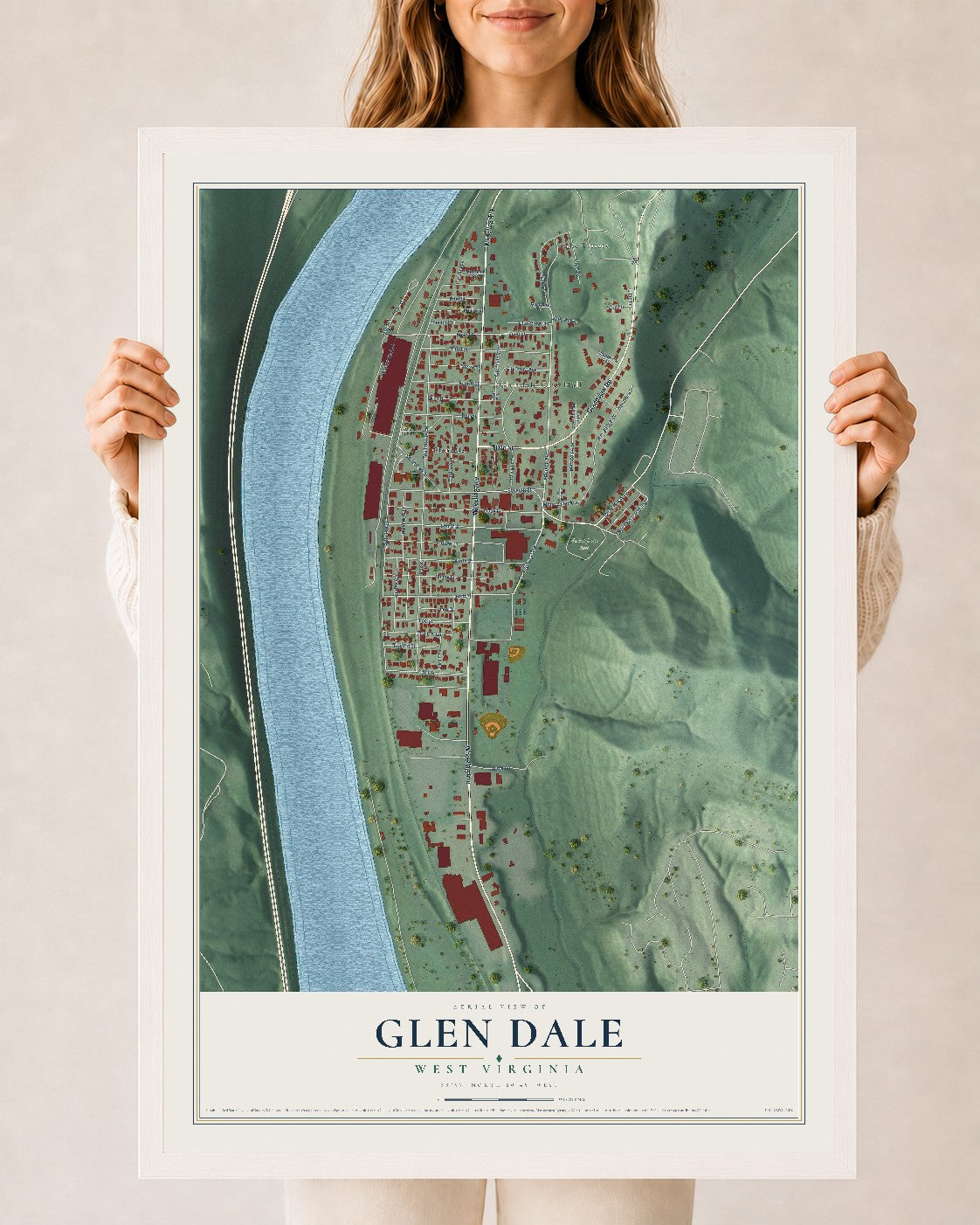 Map of Glen Dale, West Virginia, 24 x 36 inch print in a white wood frame